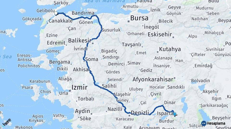 Isparta Lapseki Çanakkale Arası Kaç Km - Yol Haritası