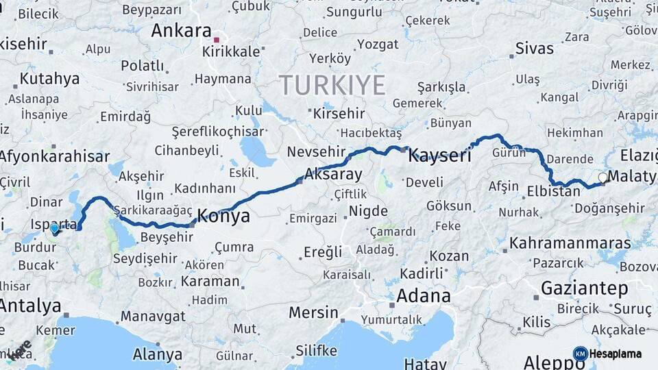 Isparta Malatya Arası Kaç Km - Yol Haritası