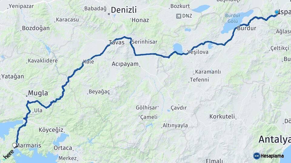 Isparta Marmaris Muğla Arası Kaç Km - Yol Haritası