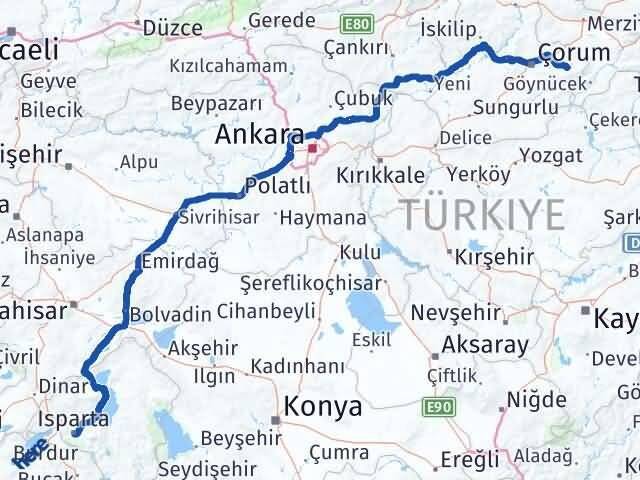 Isparta Mecitözü Çorum Arası Kaç Km - Yol Haritası