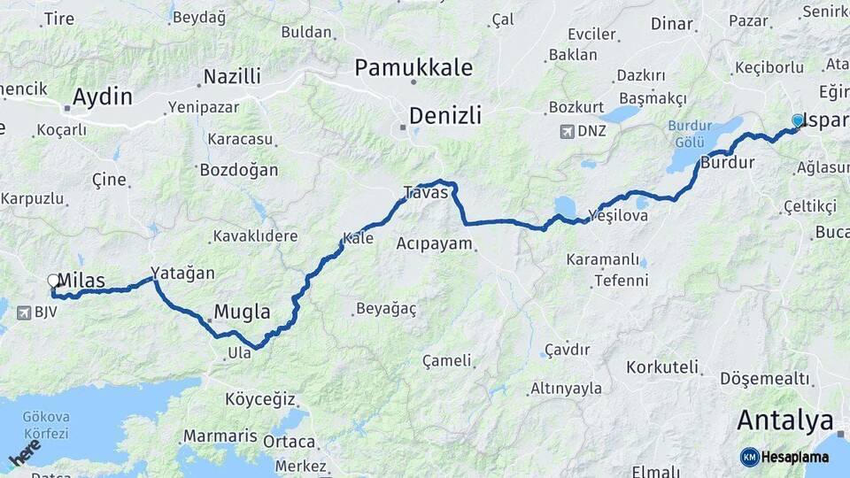 Isparta Milas Muğla Arası Kaç Km - Yol Haritası
