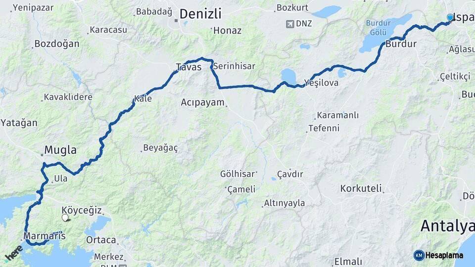 Isparta Muğla Arası Kaç Km - Yol Haritası