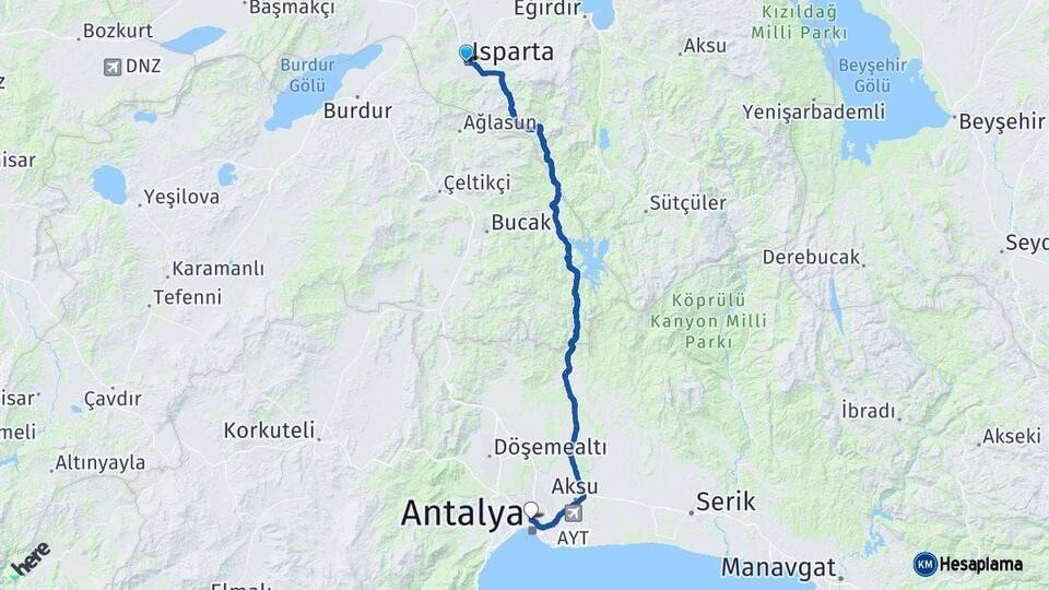 Isparta Muratpaşa Antalya Arası Kaç Km - Yol Haritası