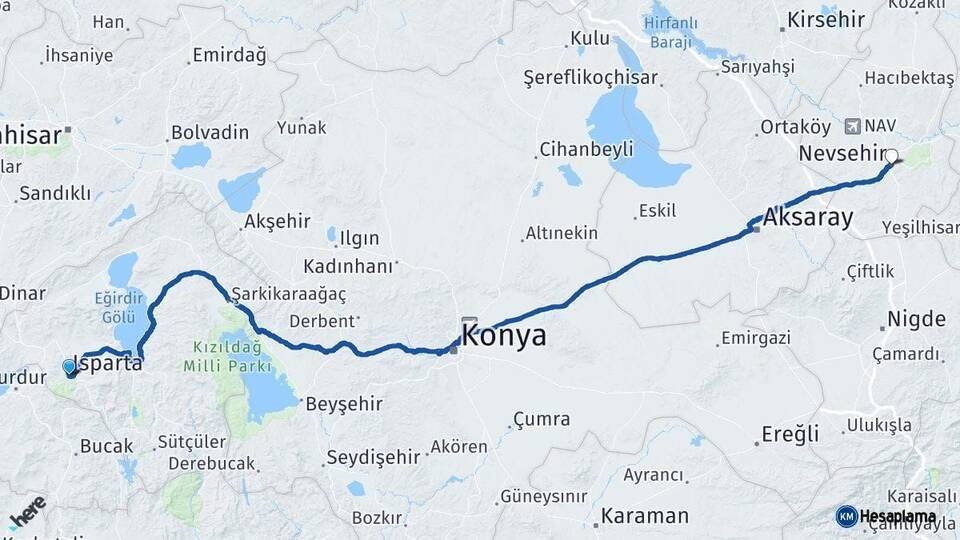 Isparta Nevşehir Arası Kaç Km - Yol Haritası