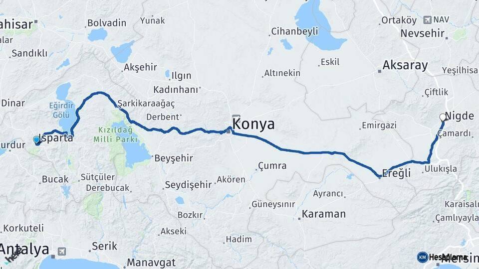 Isparta Niğde Arası Kaç Km - Yol Haritası
