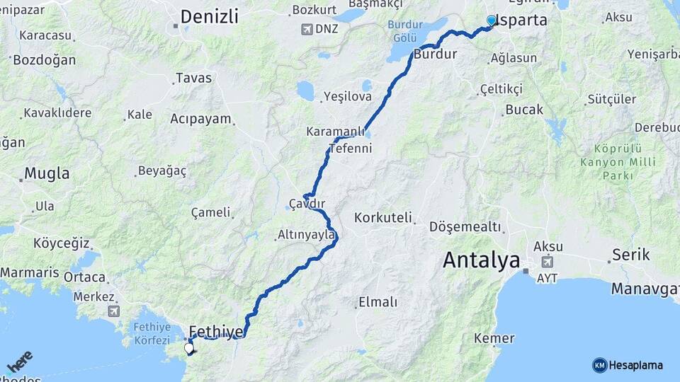 Isparta Ölüdeniz Fethiye Muğla Arası Kaç Km - Yol Haritası