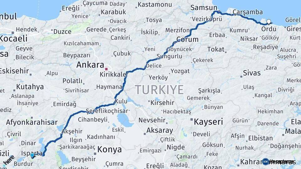 Isparta Ordu Arası Kaç Km - Yol Haritası