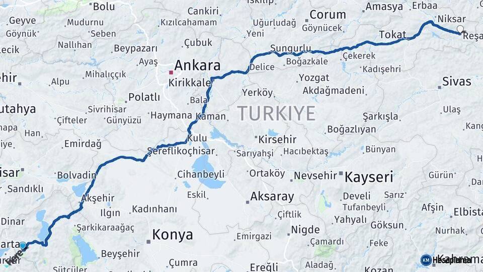 Isparta Reşadiye Tokat Arası Kaç Km - Yol Haritası
