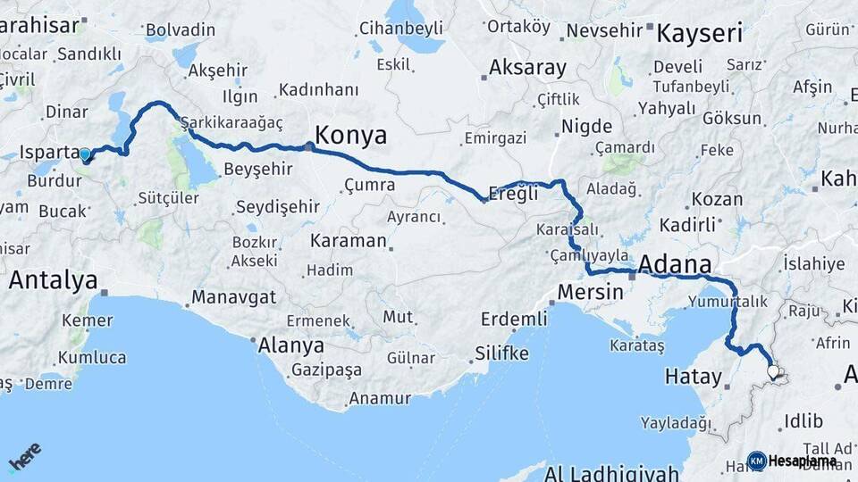 Isparta Reyhanlı Hatay Arası Kaç Km - Yol Haritası