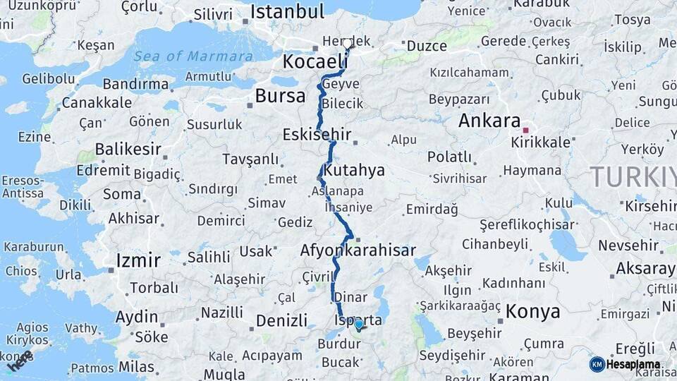 Isparta Sakarya Arası Kaç Km - Yol Haritası