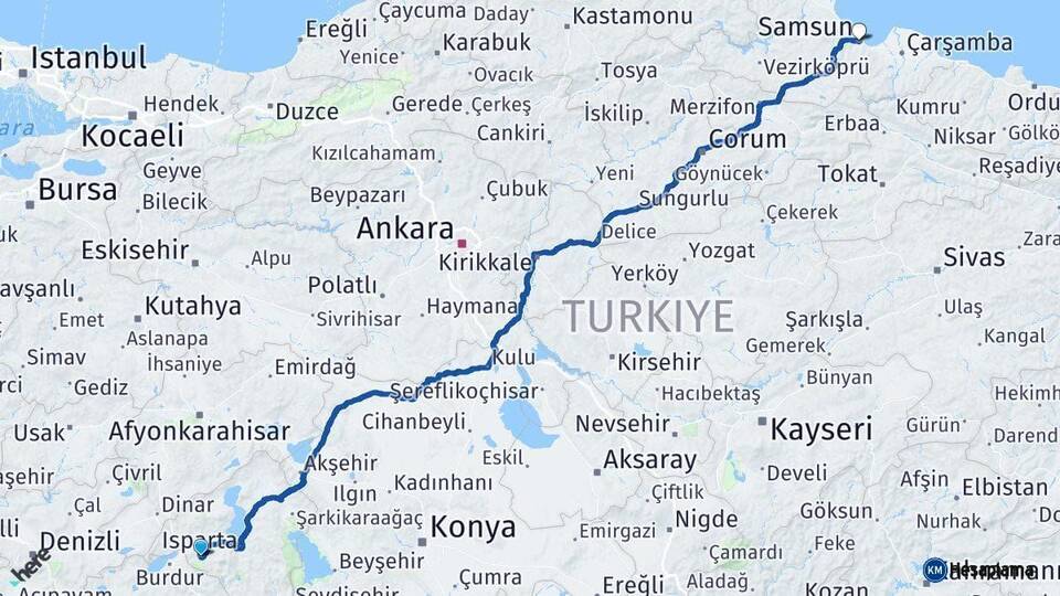 Isparta Samsun Arası Kaç Km - Yol Haritası