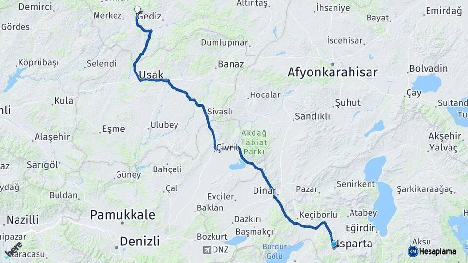 Isparta Şaphane Kütahya Arası Kaç Km - Yol Haritası