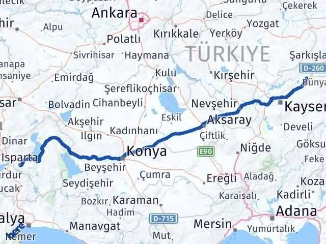 Isparta Sarıoğlan Kayseri Arası Kaç Km - Yol Haritası