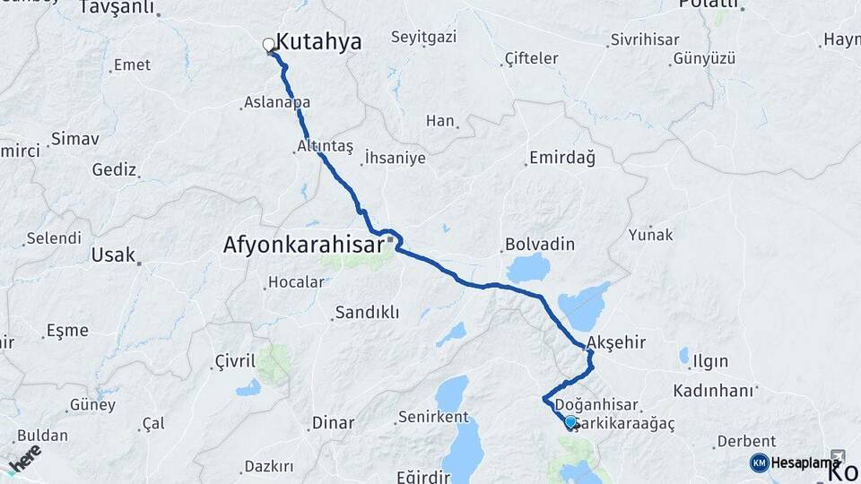 Isparta Şarkikaraağaç Kütahya Arası Kaç Km - Yol Haritası
