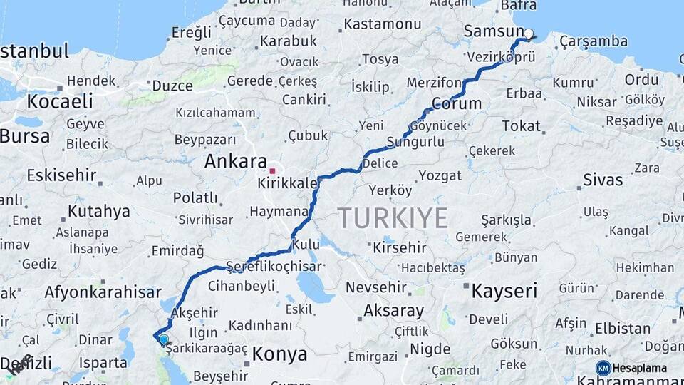 Isparta Şarkikaraağaç Samsun Arası Kaç Km - Yol Haritası