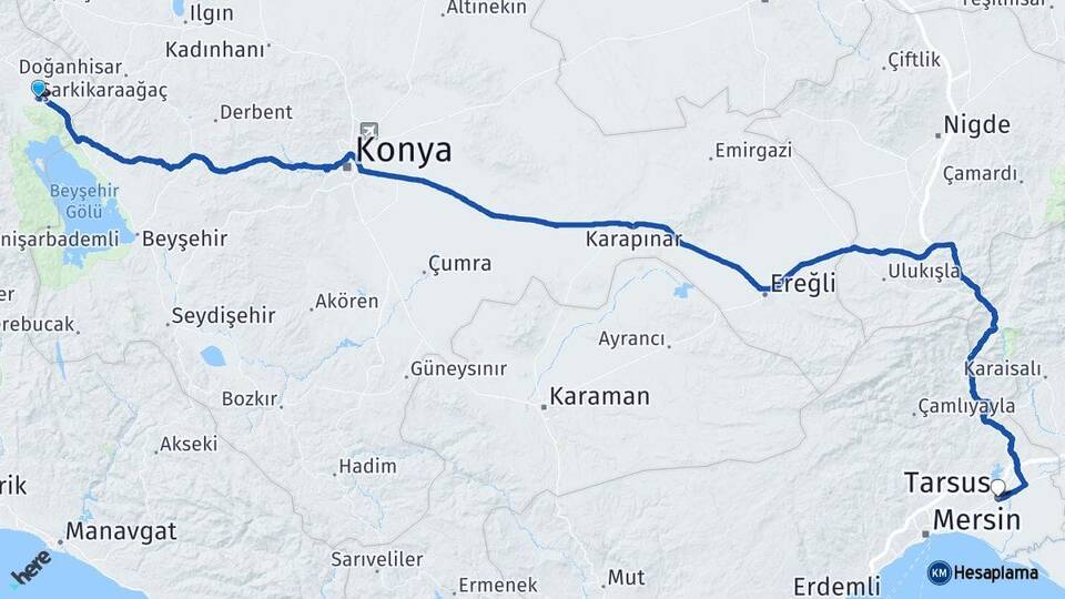 Isparta Şarkikaraağaç Tarsus Mersin Arası Kaç Km - Yol Haritası