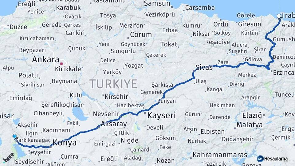 Isparta Şarkikaraağaç Trabzon Arası Kaç Km - Yol Haritası