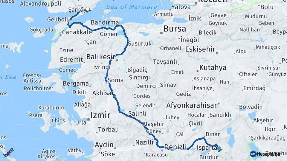 Isparta Şarköy Tekirdağ Arası Kaç Km - Yol Haritası