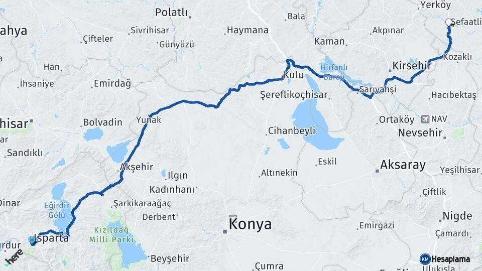 Isparta Şefaatli Yozgat Arası Kaç Km - Yol Haritası