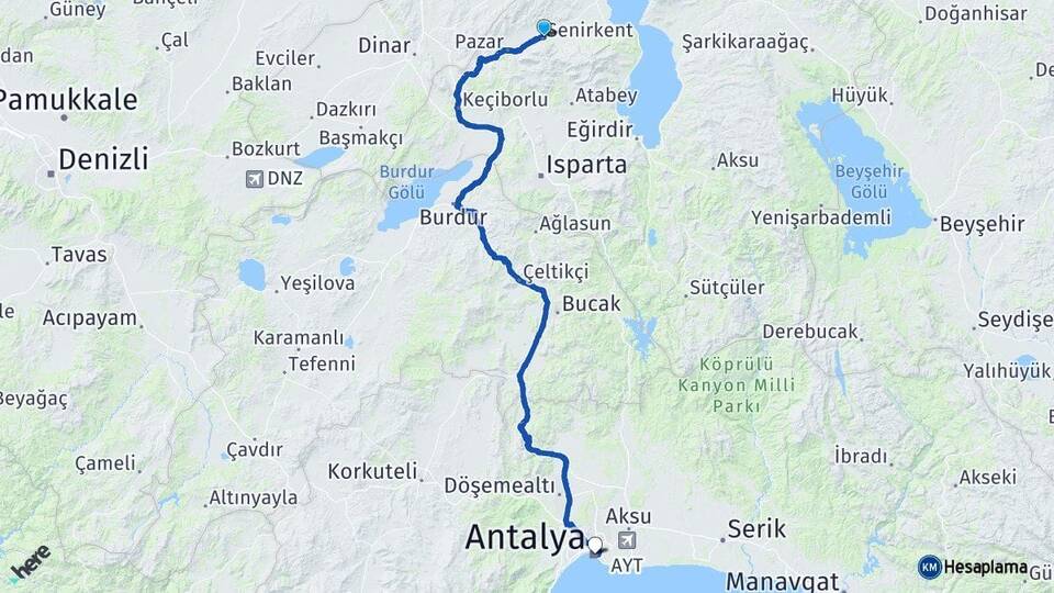 Isparta Senirkent Antalya Arası Kaç Km - Yol Haritası