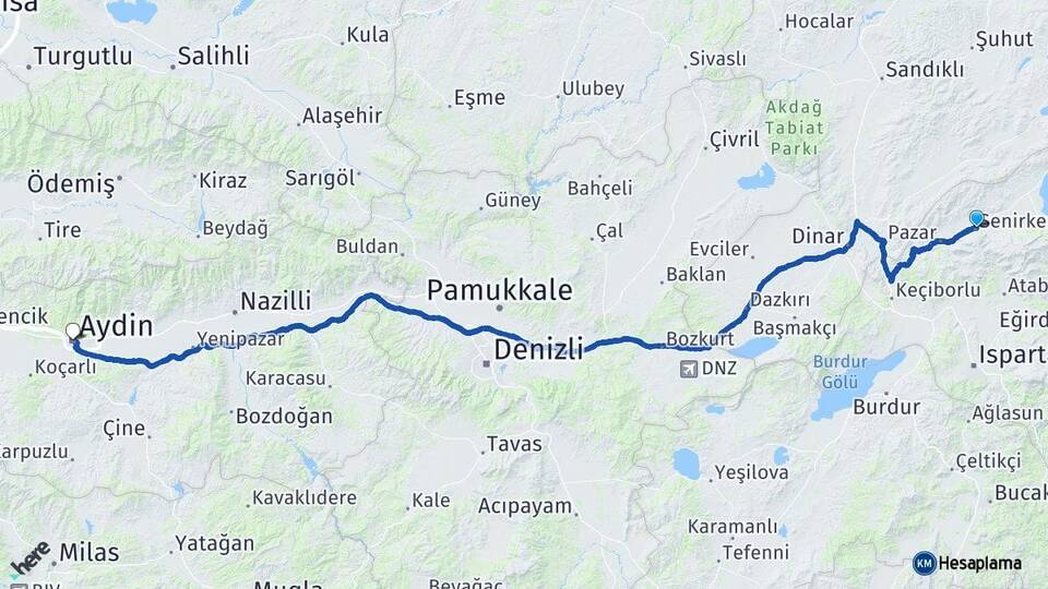 Isparta Senirkent Aydın Arası Kaç Km - Yol Haritası