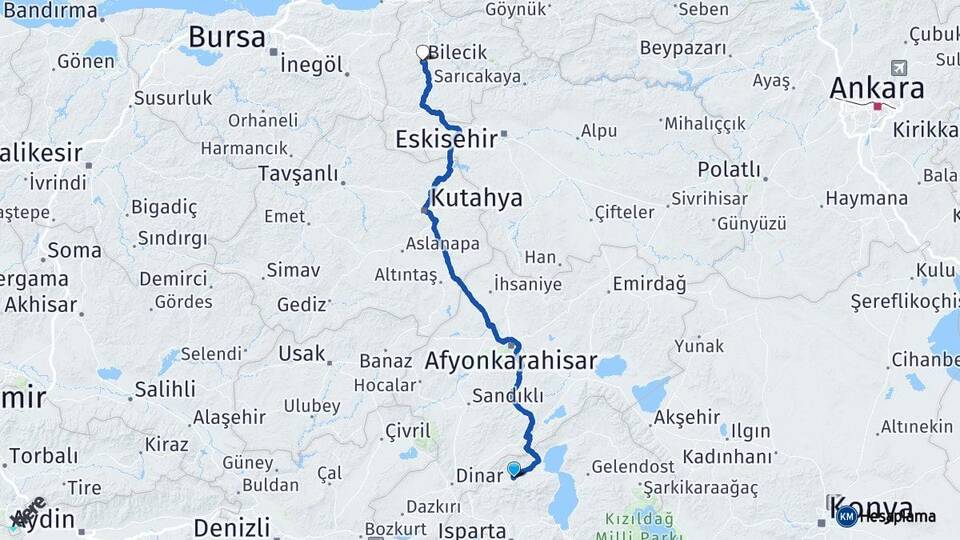Isparta Senirkent Bilecik Arası Kaç Km - Yol Haritası