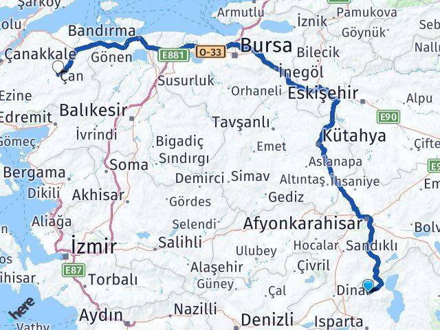 Isparta Senirkent Çan Çanakkale Arası Kaç Km - Yol Haritası