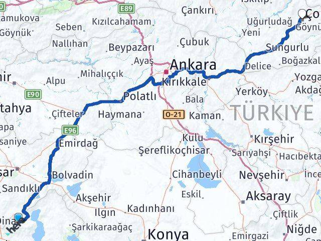 Isparta Senirkent Çorum Arası Kaç Km - Yol Haritası