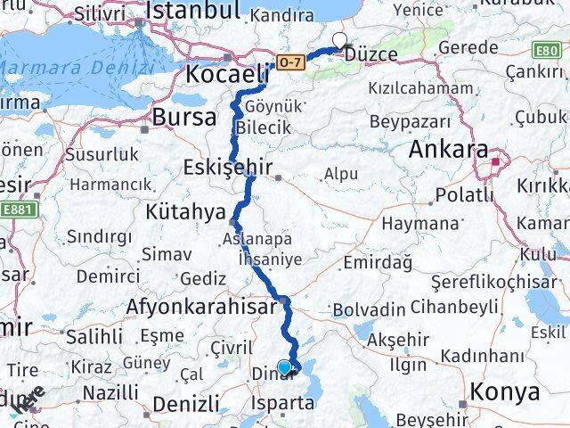 Isparta Senirkent Düzce Arası Kaç Km - Yol Haritası