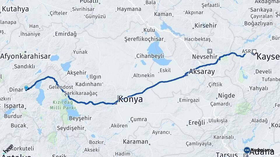 Isparta Senirkent Kayseri Arası Kaç Km - Yol Haritası