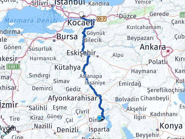 Isparta Senirkent Kocaeli Arası Kaç Km - Yol Haritası