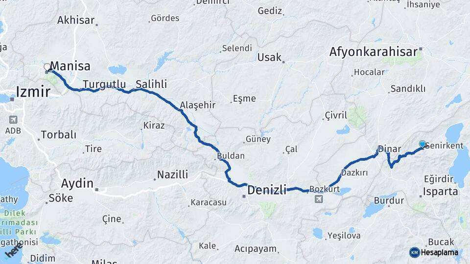 Isparta Senirkent Manisa Arası Kaç Km - Yol Haritası