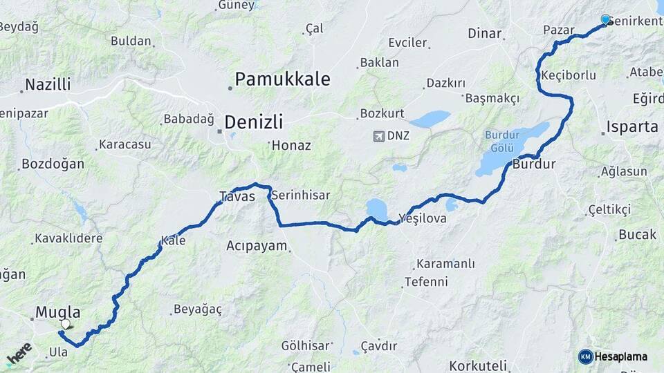 Isparta Senirkent Muğla Arası Kaç Km - Yol Haritası