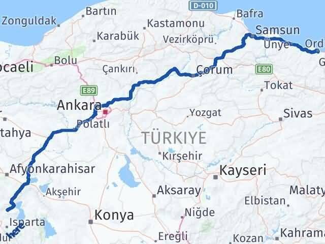 Isparta Senirkent Ordu Arası Kaç Km - Yol Haritası