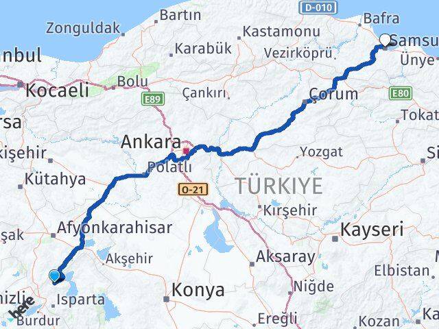 Isparta Senirkent Samsun Arası Kaç Km - Yol Haritası