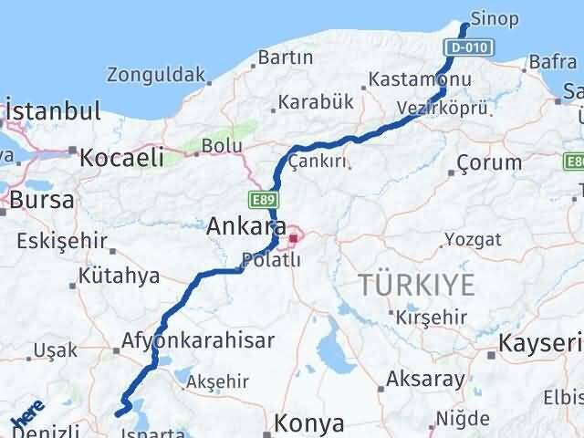Isparta Senirkent Sinop Arası Kaç Km - Yol Haritası