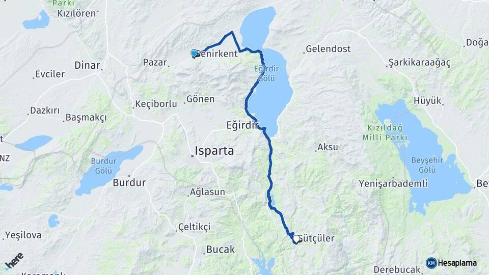 Isparta Senirkent Sütçüler Arası Kaç Km - Yol Haritası