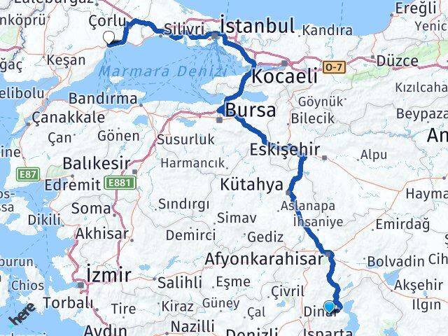Isparta Senirkent Tekirdağ Arası Kaç Km - Yol Haritası