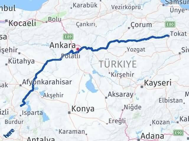 Isparta Senirkent Tokat Arası Kaç Km - Yol Haritası