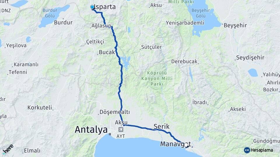 Isparta Side Manavgat Antalya Arası Kaç Km - Yol Haritası