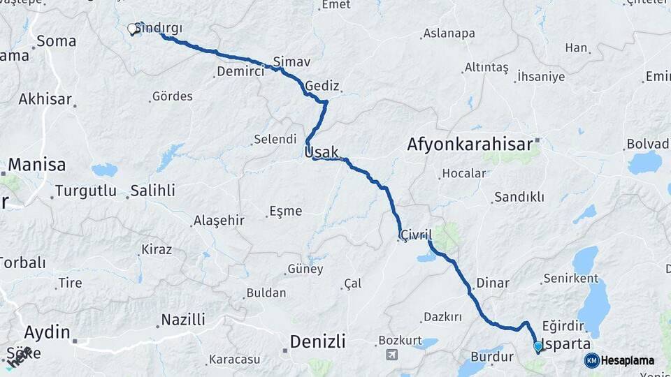 Isparta Sındırgı Balıkesir Arası Kaç Km - Yol Haritası