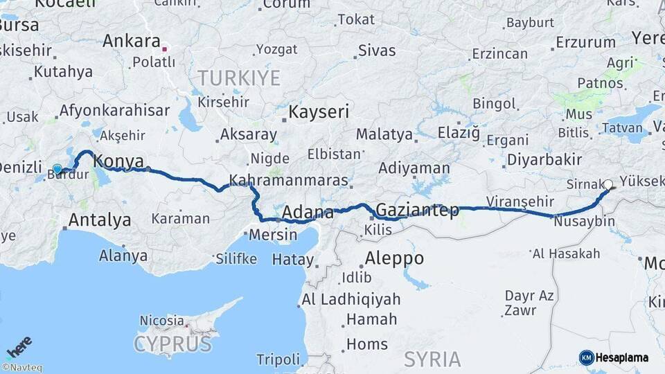 Isparta Şırnak Arası Kaç Km - Yol Haritası