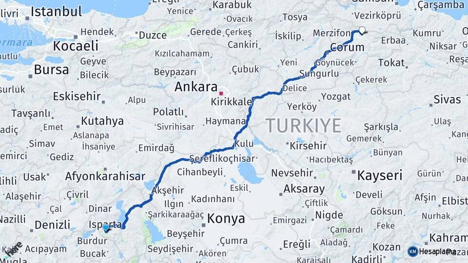 Isparta Suluova Amasya Arası Kaç Km - Yol Haritası