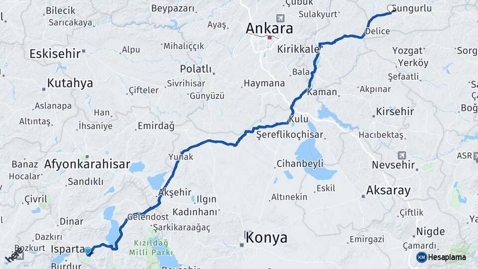 Isparta Sungurlu Çorum Arası Kaç Km - Yol Haritası