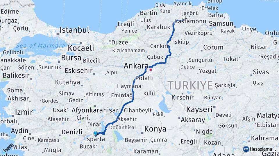 Isparta Taşköprü Kastamonu Arası Kaç Km - Yol Haritası