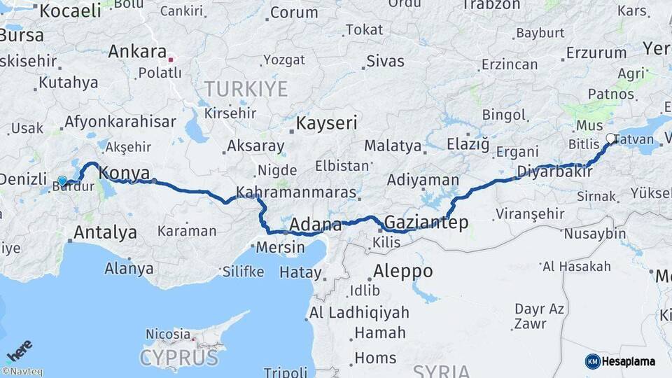 Isparta Tatvan Bitlis Arası Kaç Km - Yol Haritası