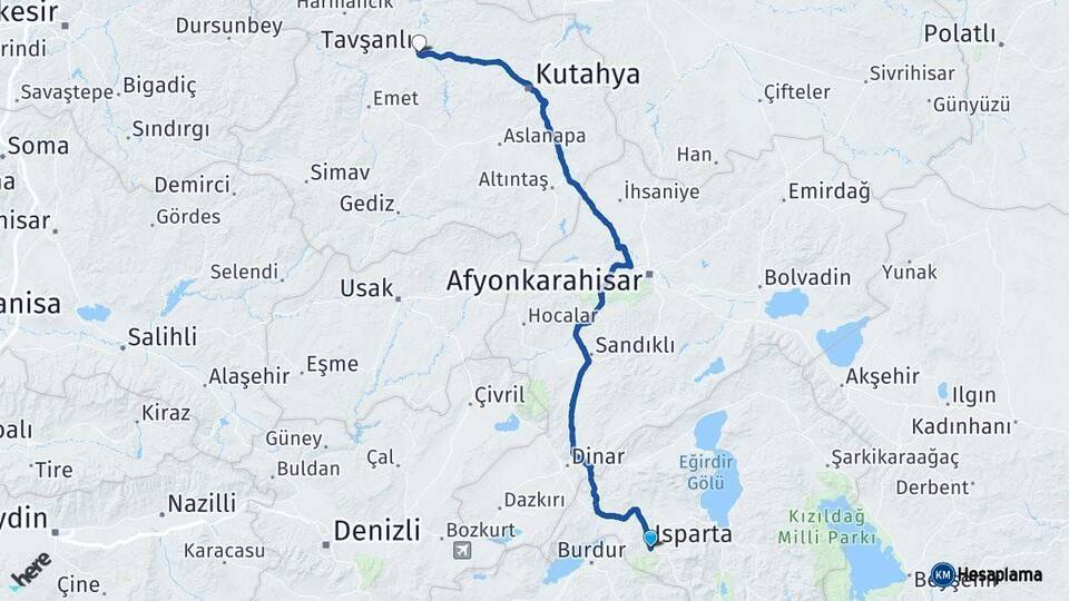Isparta Tavşanlı Kütahya Arası Kaç Km - Yol Haritası