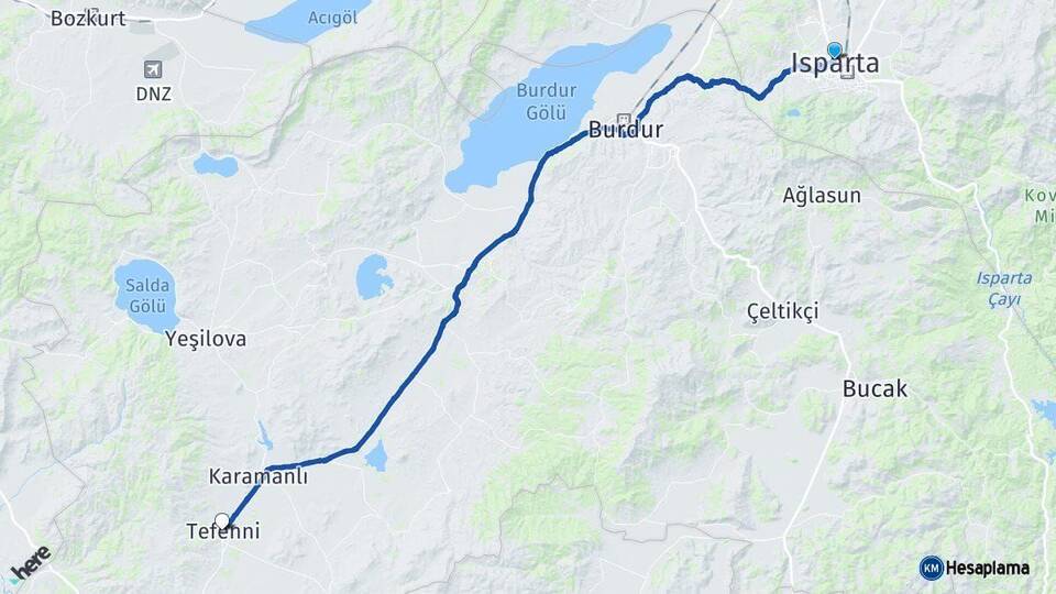 Isparta Tefenni Burdur Arası Kaç Km - Yol Haritası