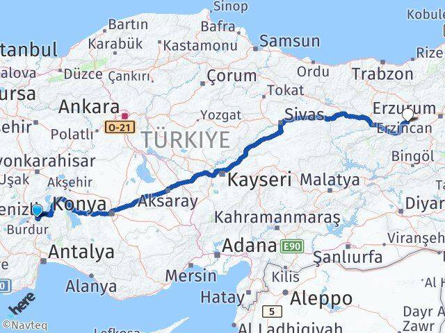 Isparta Tercan Erzincan Arası Kaç Km - Yol Haritası