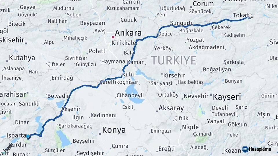 Isparta Tokat Arası Kaç Km - Yol Haritası